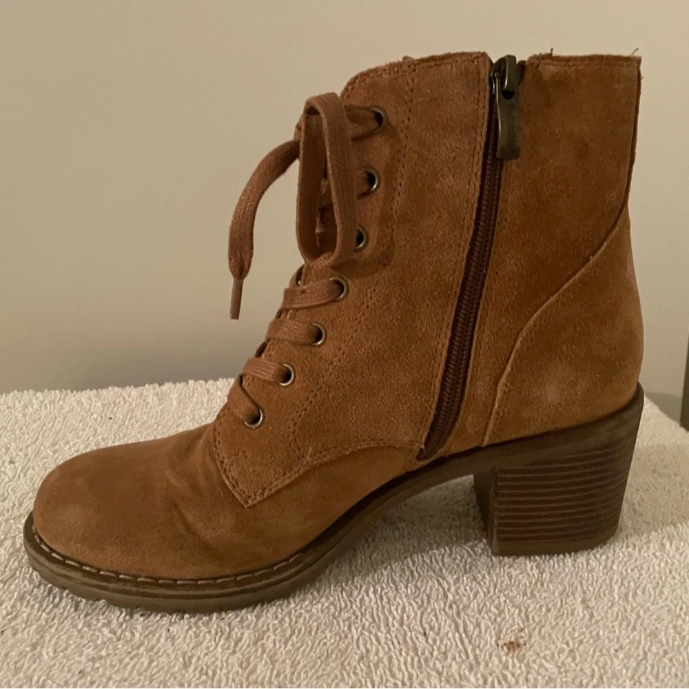 Genuine Suede Leather Ankle Boots Booties Lace/Zip Up Rubber Sole Camel/Tan
